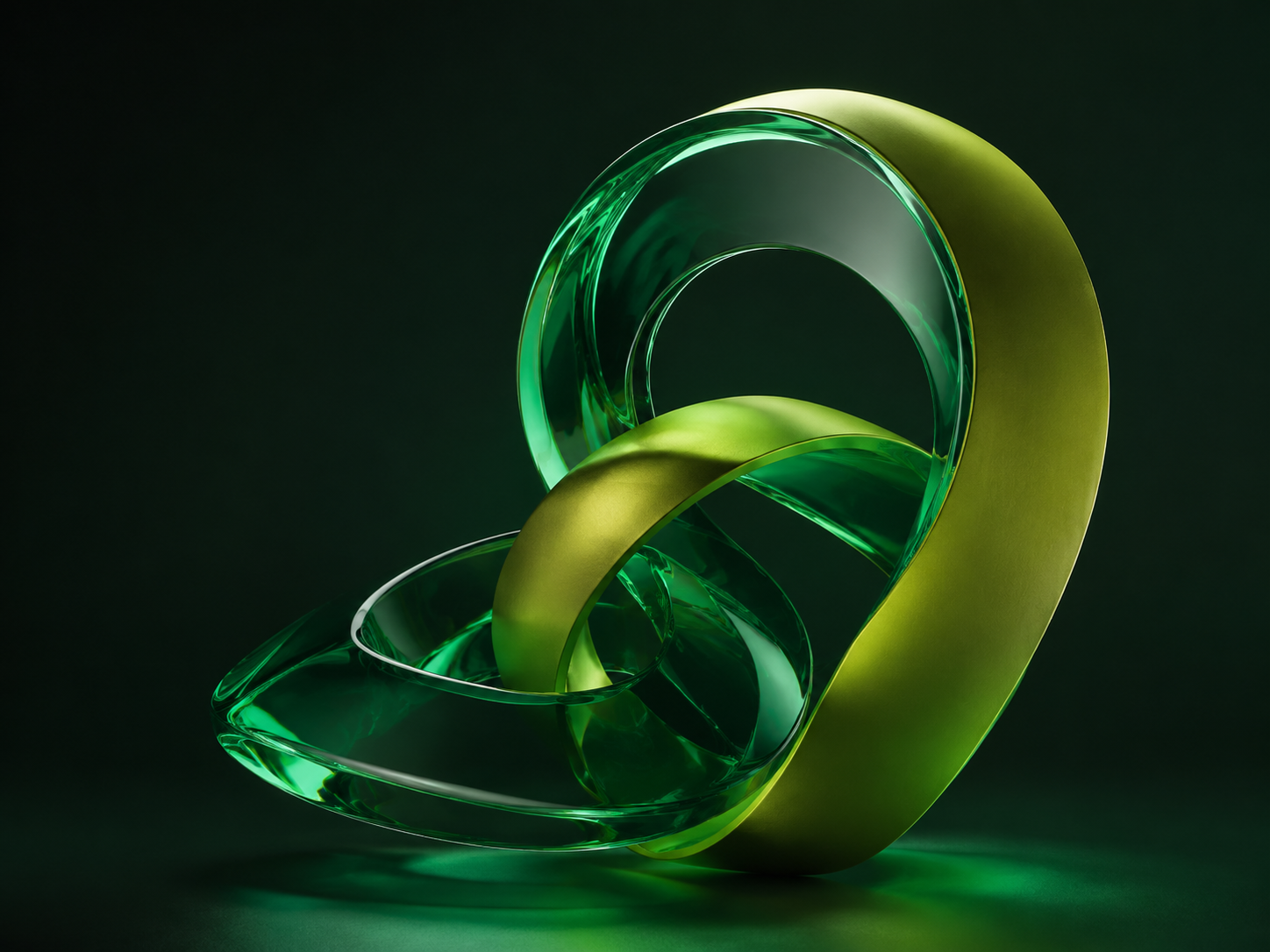 Escultura abstrata de fitas verdes interligadas